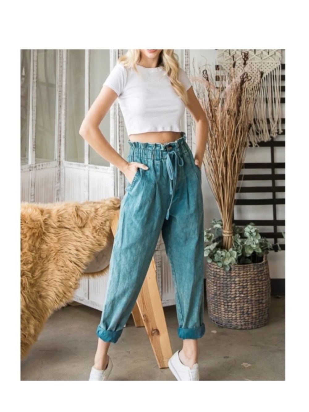 197. NWT Oli & Hali Teal High-Waist Paperbag Ankle Jeans